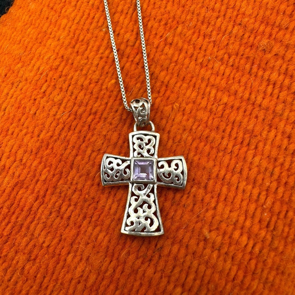 VTG Filigree Cross Pendant Necklace Amethyst 925 Sterling Silver 18"